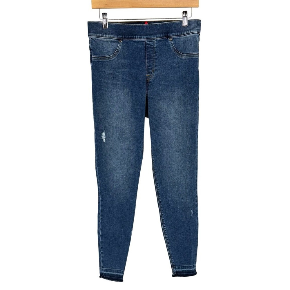 Spanx Womens Large Jean-ish Leggings Distressed Blue Denim‎ Slimming Ankle Pants - Picture 2 of 8